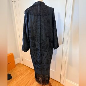 Silk Embroidered Black Kimono with Fringe